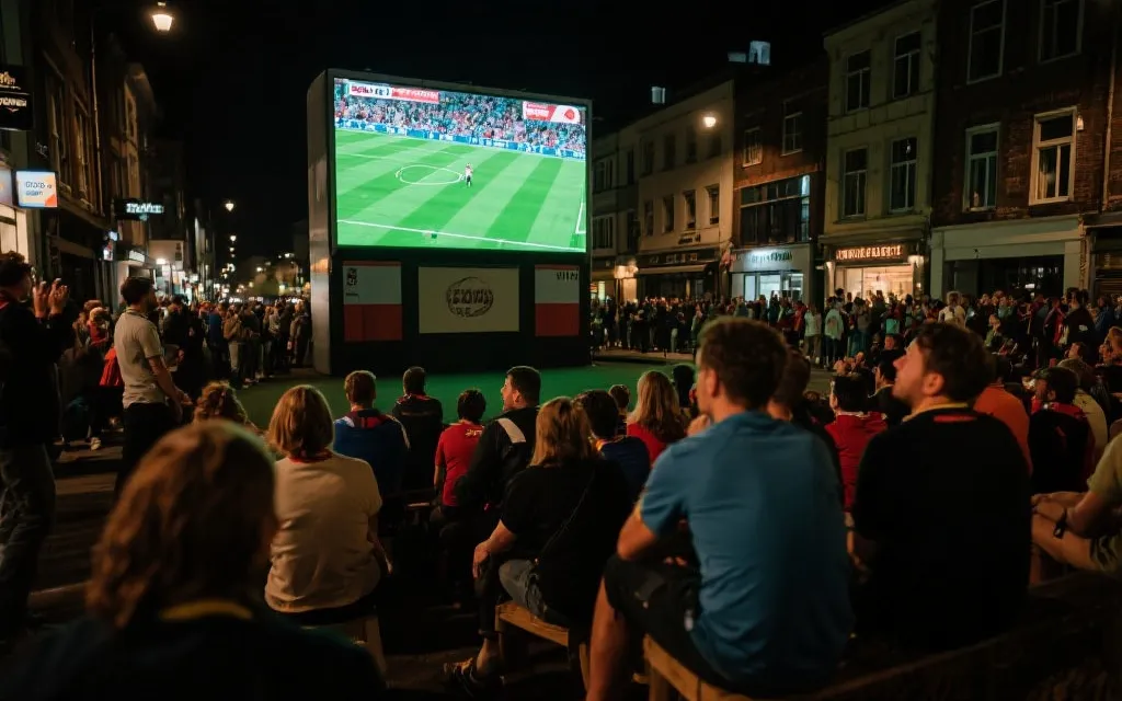 球迷在城市夜色与公共观赛氛围中举杯欢呼的旅行场景